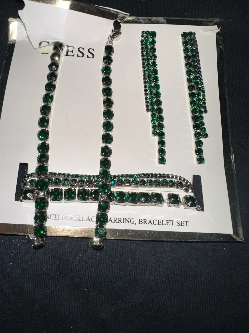 GUESS Green Crystal Bracelet, Necklace & Drop Earrings Set